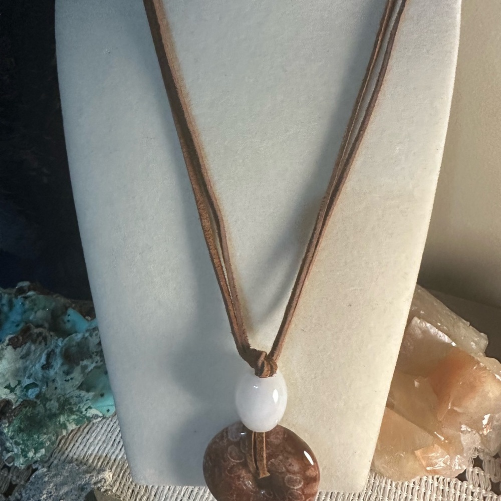 Coral Fossil Jade Donut Pendant Necklace - Picture 6 of 9